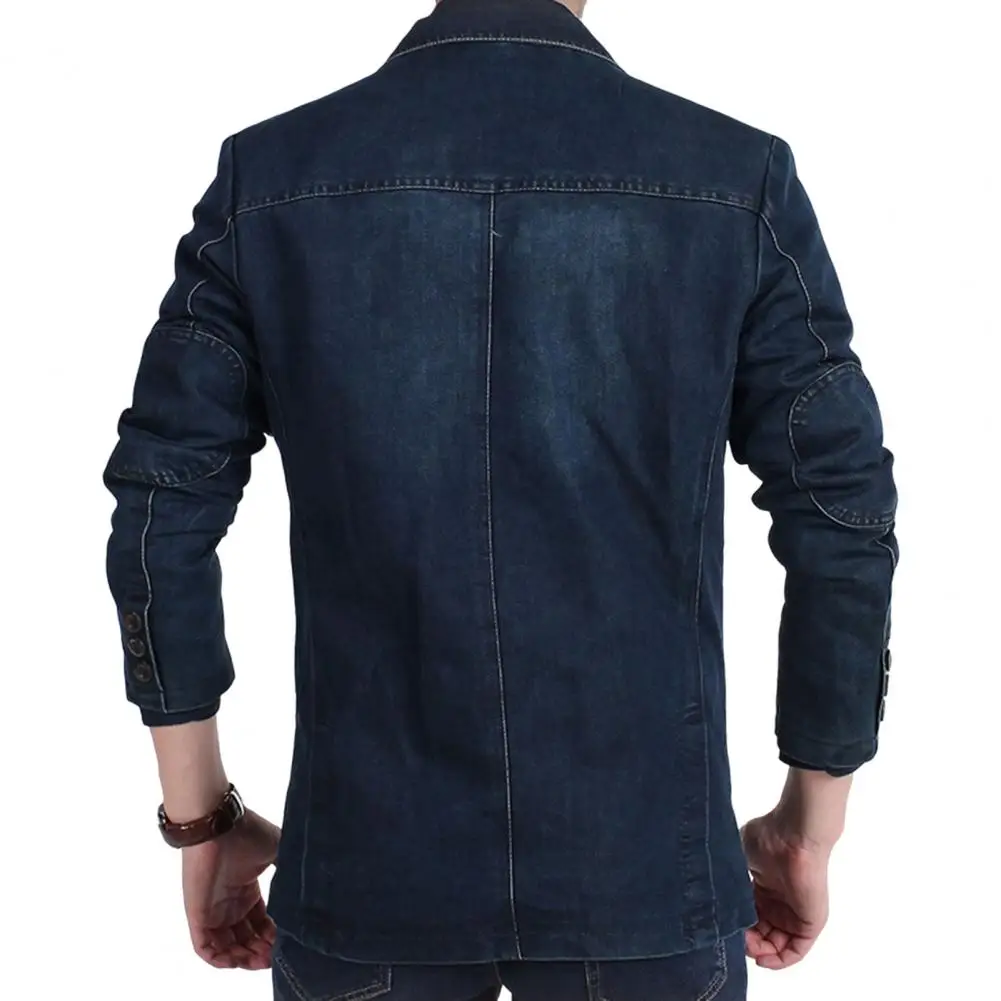 Autumn Denim Blazer Men Solid Color Turndown Collar Single Breasted Denim Suit Jacket Slim Fit Pockets Suit Coat Streetwear