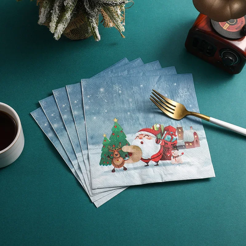 Christmas Party Decoration Paper 10/20p Starry Snowflake Gift Printed Napkin Cartoon Christmas Elements Wine Glass Flower Paper