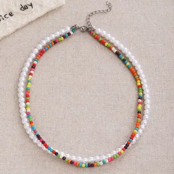 Collana estiva di perle di riso con perle d'imitazione per le donne Collane regolabili in stile bohémien oceano Gioielli Vacanza al mare Abbigliamento quotidiano 1