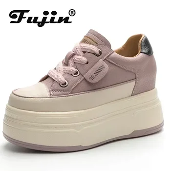 Fujin 여성용 소 스웨이드 정품 가죽 가황 신발, 플랫폼 웨지 스케이트 보드 하이 브랜드 힐, 캐쥬얼 안정적 신발, 9cm