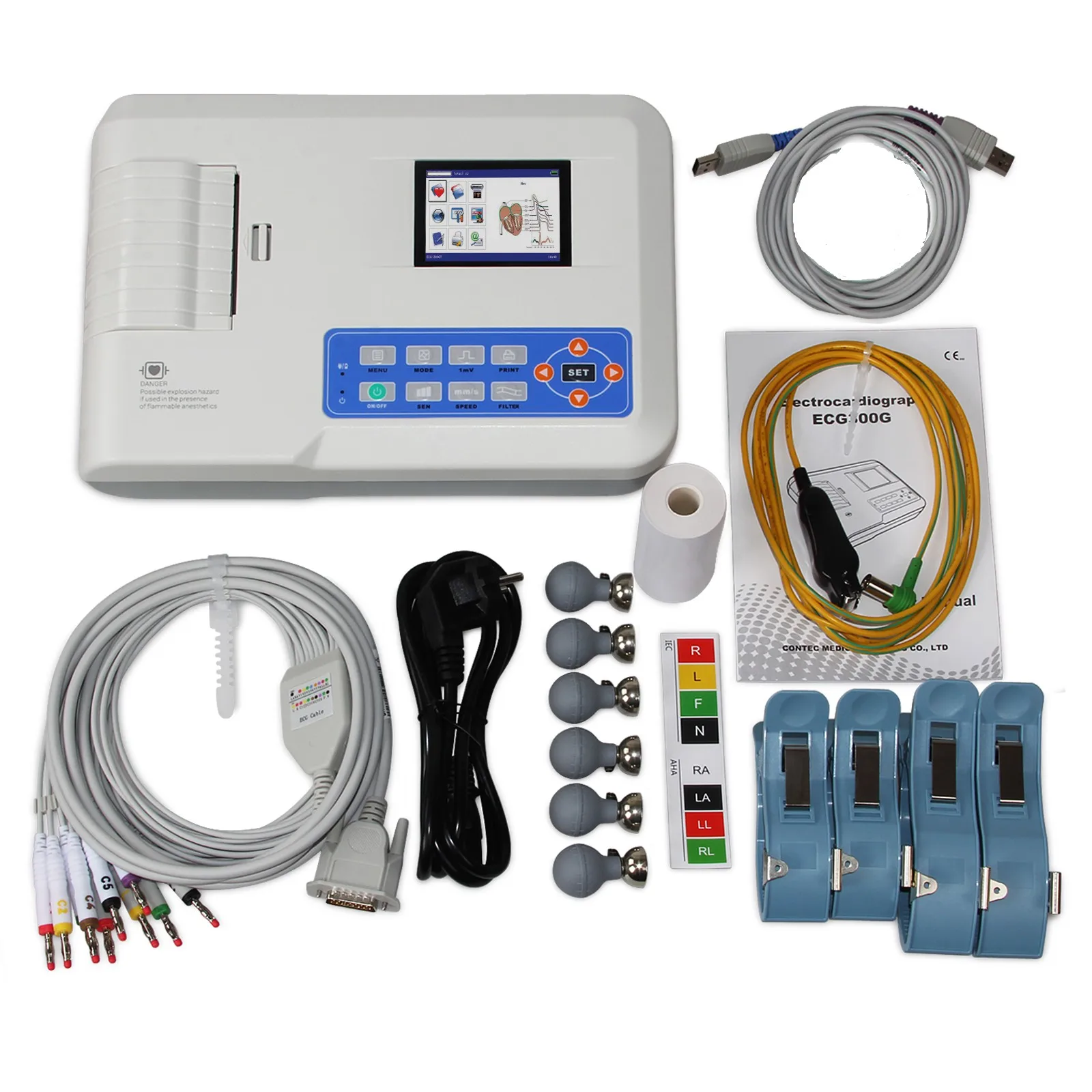 ECG300G Digital Electrocardiograph 3 channel 12 lead ECG Machine 4.3&rdquo; EKG Monitor with Software Printer ﻿