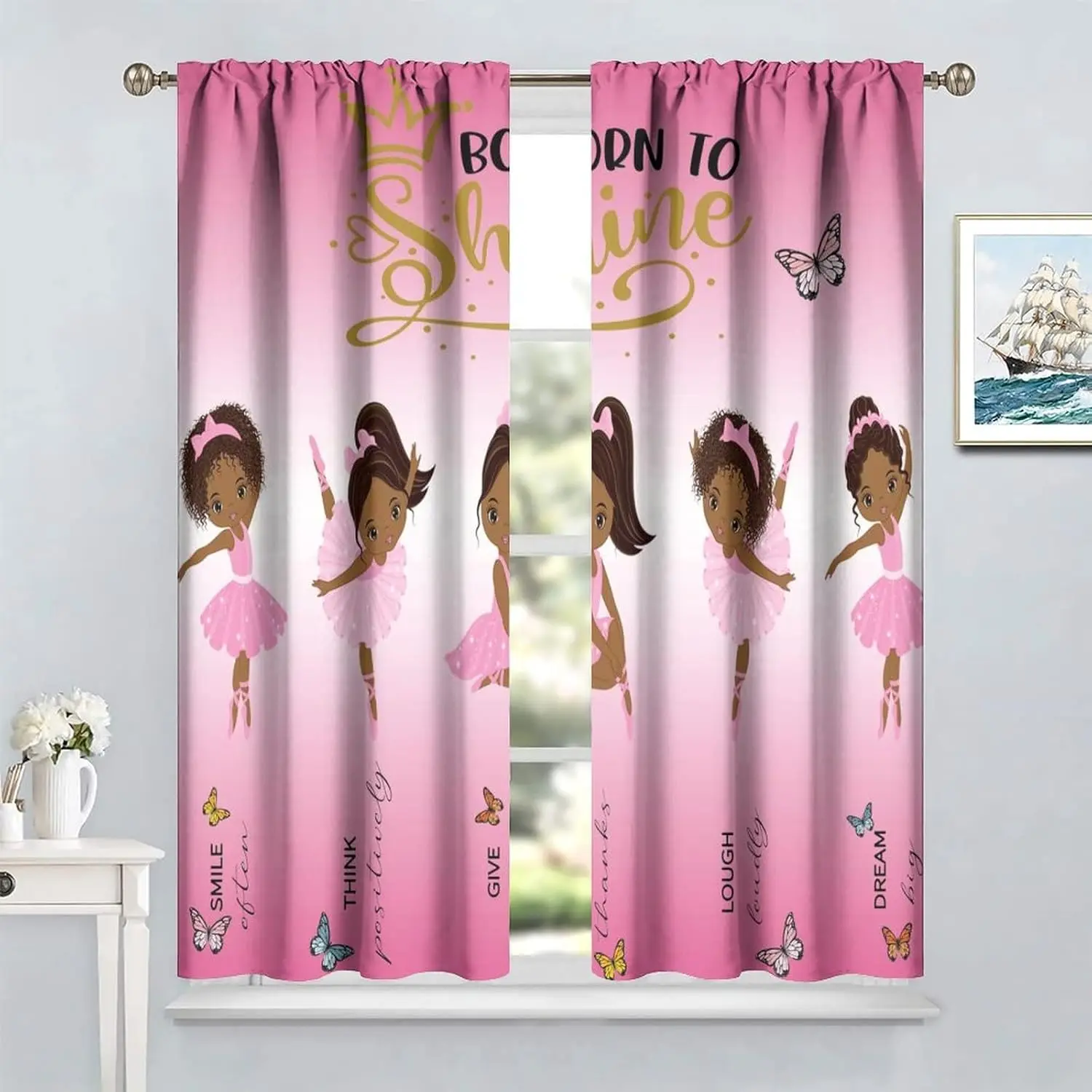 ผ้าม่านเด็กชาวแอฟริกันอเมริกัน, ผ้าม่านหน้าต่างสำหรับห้องนอนเด็กผู้หญิงผิวดำสไตล์แอฟโฟร, ชุดผ้าม่านสีชมพูน่ารักลายนักเต้นบัลเล่ต์สำหรับเด็กผู้หญิง 1