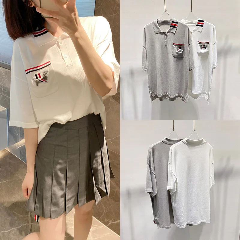 

High Quality Korean Fashion TB Lapel Short-sleeved T-shirt Female Spring and Summer College Style Ice Silk Loose POLO Shirt Tide