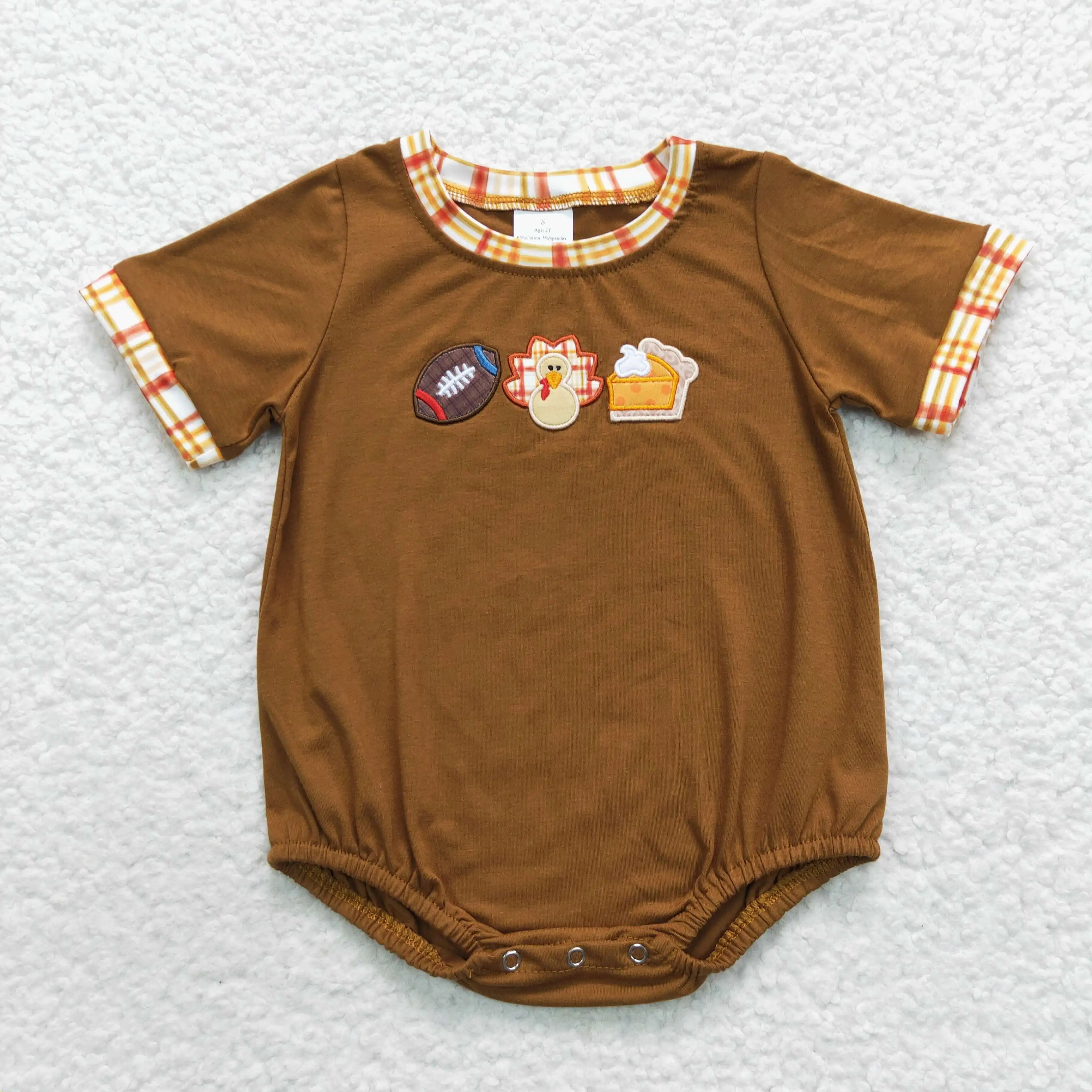 

New Design Wholesale Baby Boys Fall Rompers Toddler Brown Bubble N​ewborn Football Turkey Pies Applique Onesie