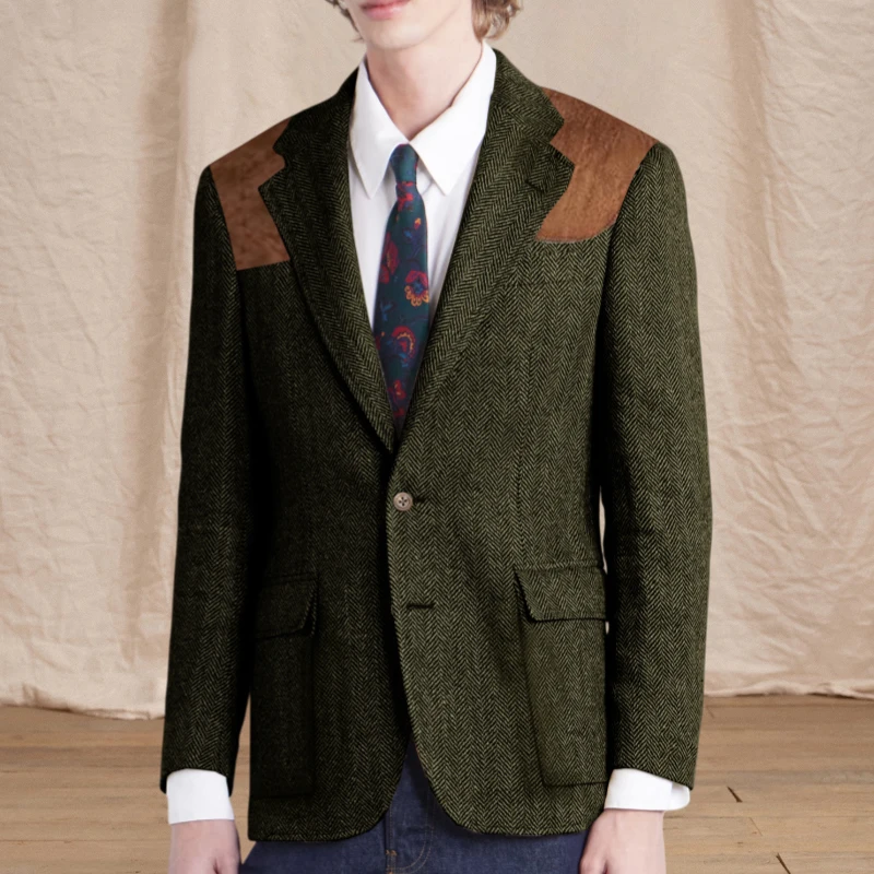 Blazer vintage pour homme en tweed à chevrons avec écusson en daim sur l'épaule