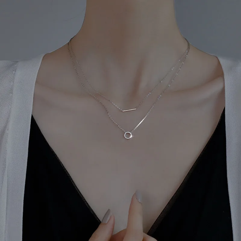 925 Sterling Silver Female Geometric Double Necklace Clavicle Chain Pendant Women Wedding Party Gift Jewelry Accessorie pendant necklace silver necklace