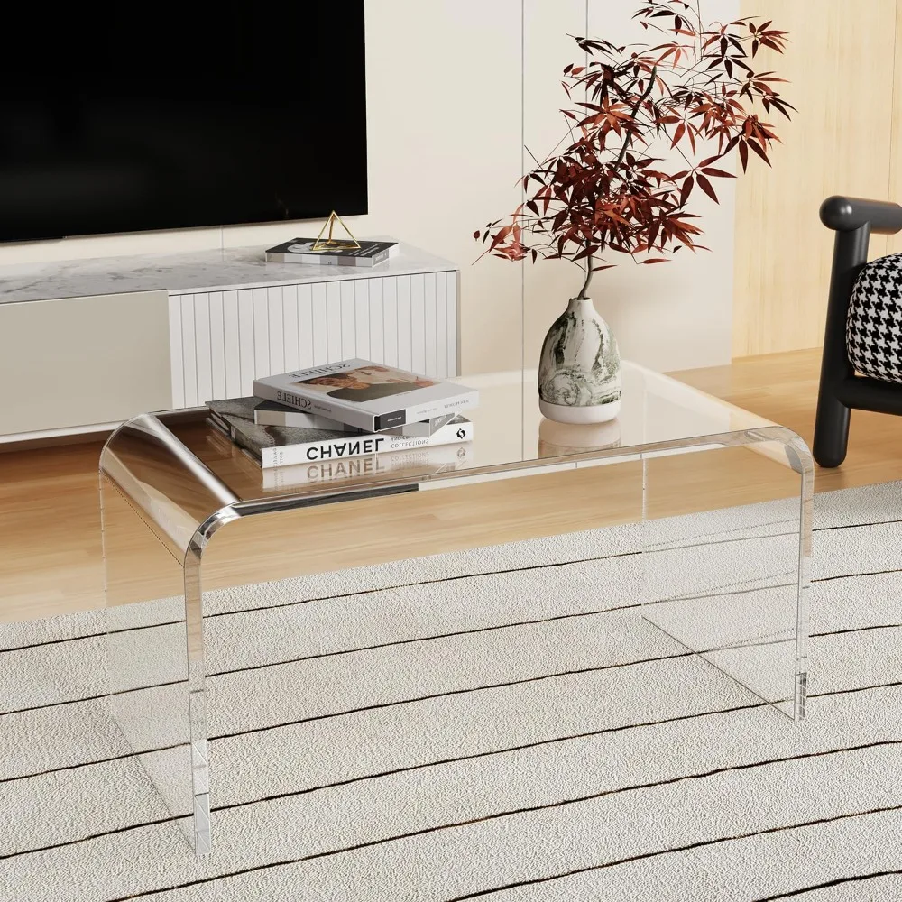 Clear Coffee Table, 32" L x 16" W x16'' H, Modern Waterfall End Table for Small Living Room, Bedroom and Office, Glass Table