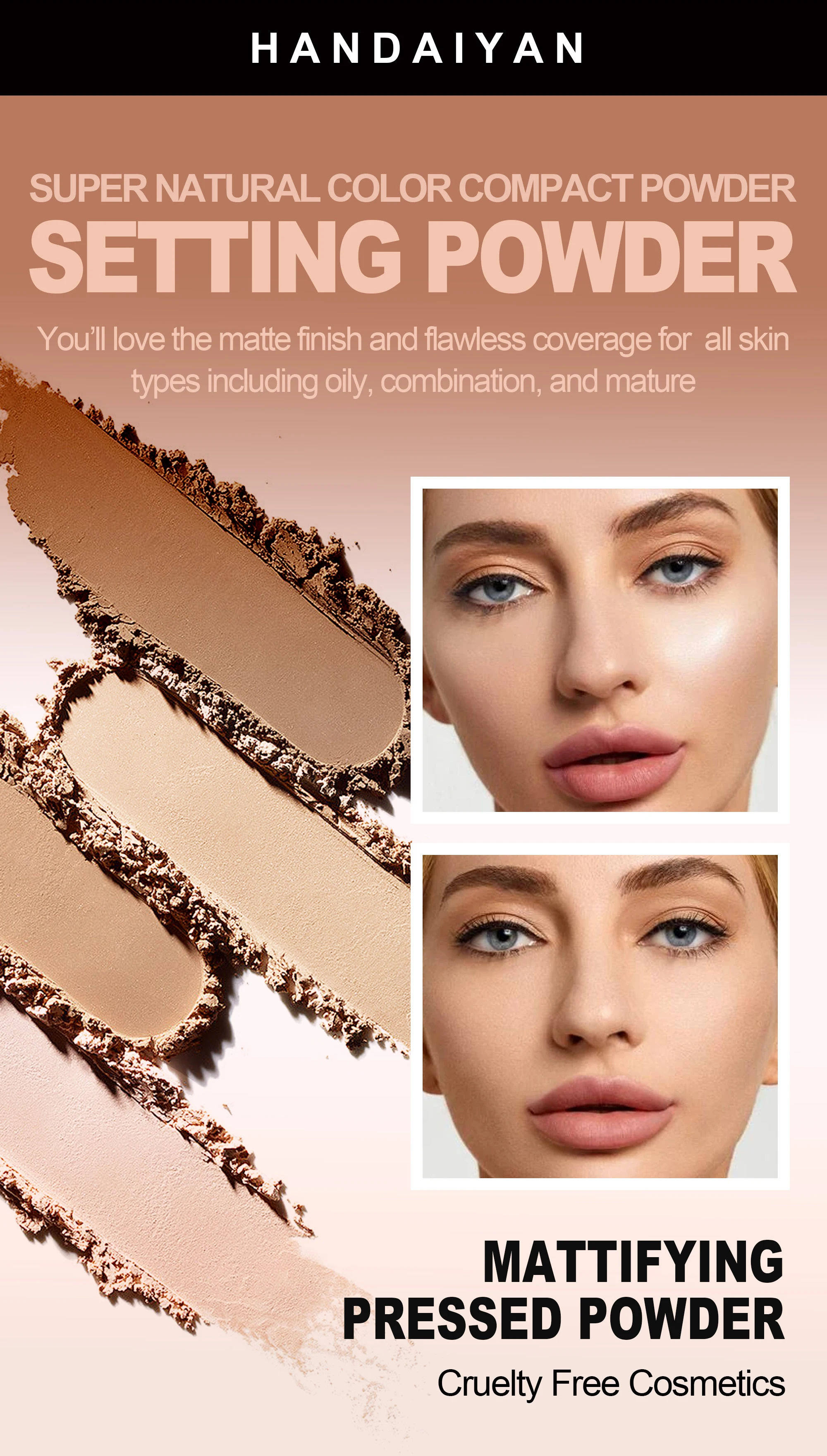 HANDAIYAN Light Soft Setting Pressed Powder Natural Waterproof Long-lasting Full Cover Makeup Cosmetics for Different Skin Color 5