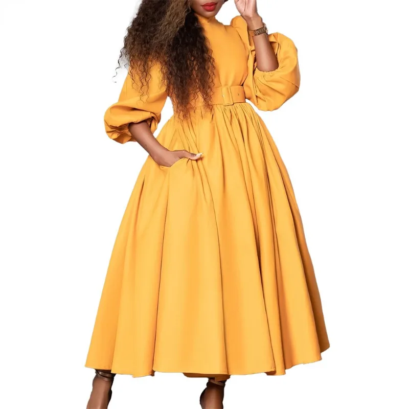 

Puff Sleeve A-line Dress African Long Dresses for Women 2024 High Collar Evening Party High Waist Robe Femme Plus Size Ladies