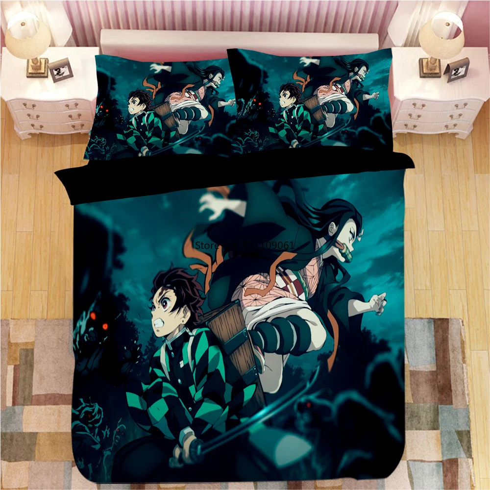 

Demon Slayer Sticker Bed Linen Cartoon Anime Duvet Covers Pillowcases Kids Anime Comforter Bedding Sets Bedroom Adornment