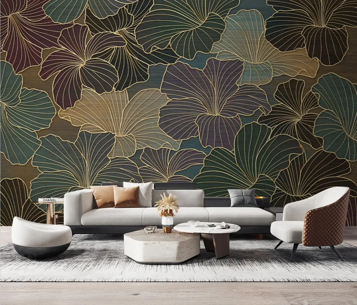 Custom Nordic golden plant flowers Mural Wallpaper for Wall