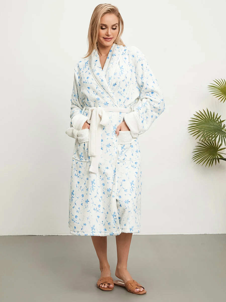 

Женский плюшевый флисовый халат с цветочным принтом, домашний халат для спа с поясом, мягкая теплая Пижама, халат, одежда для сна