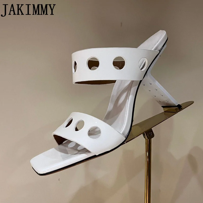 

Hollow Out Leather Half Slippers Women Square Toe Mules Dress High Heel Slides Summer Fashion Party Beach Walking Shoes Women