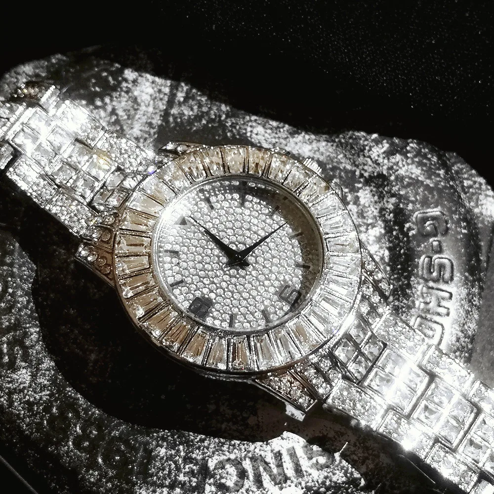 2PCS Iced Out Watch for Women Men Diamond Chain Simple Watch Bracelets for Men Jewelry Fashion Watch Set Gift Relojes Para Mujer