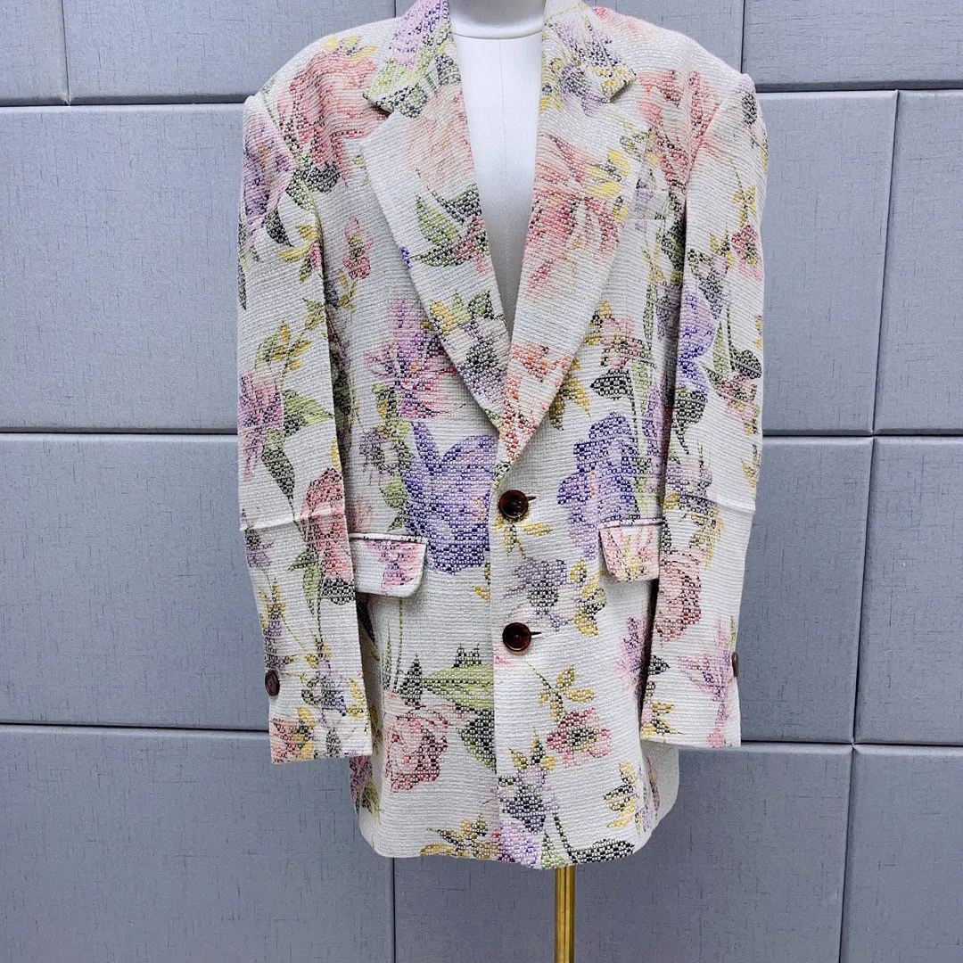 Retro Style Printing Lapel Long Sleeve Women's Suit Jacket 2023 Autumn Winter Fashion Loose Casual Single-Breasted Cardigan