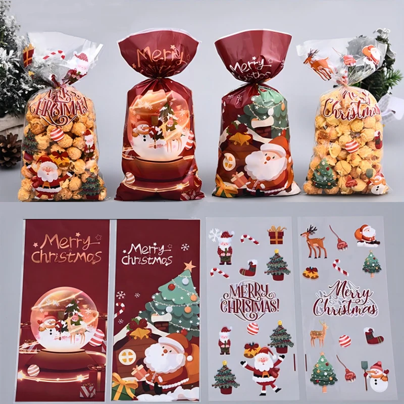 

50Pcs Merry Christmas Candy Bags Santa Claus Elk Waterproof Gift Bags Decoration Navidad Xmas Gift Cookies Bags Packing Supplies