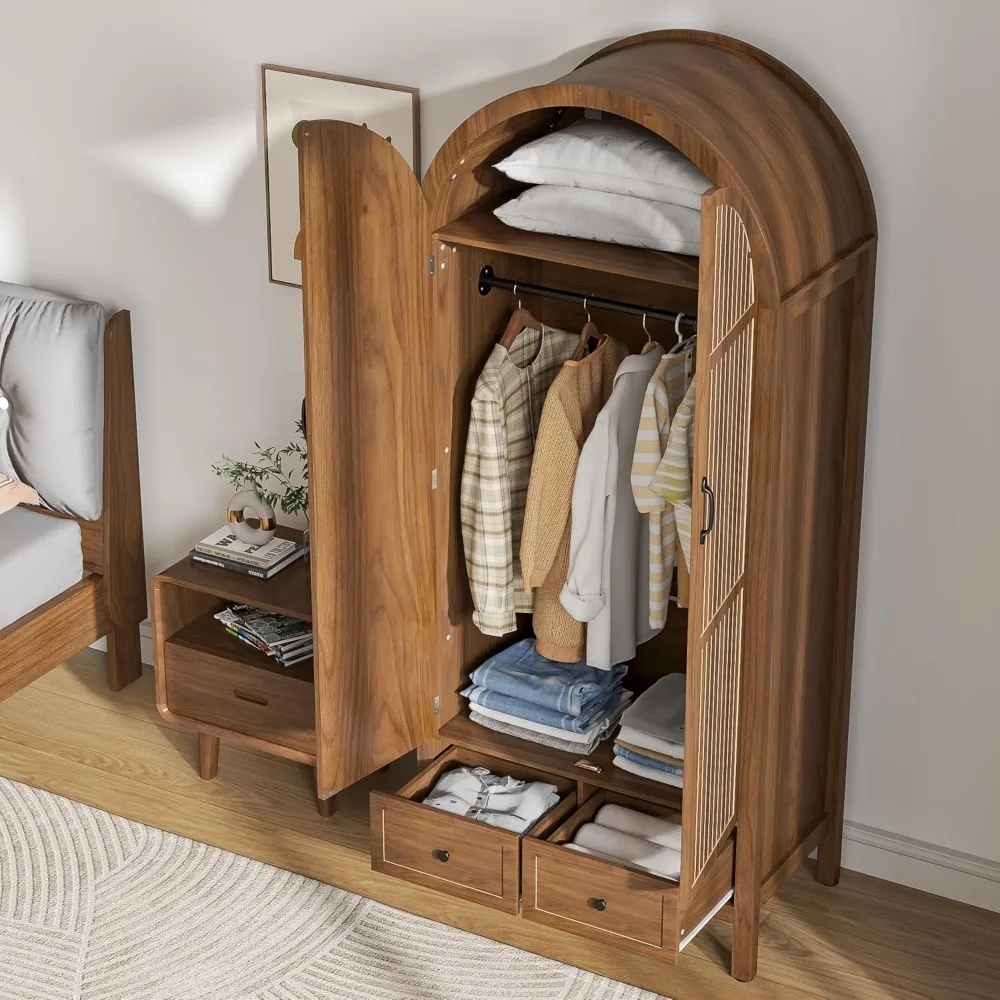 Wardrobe closet with drawers and 2 arched fluted doors. 70.87" tall wooden bedroom armoires with shelves and hanging rod. 5
