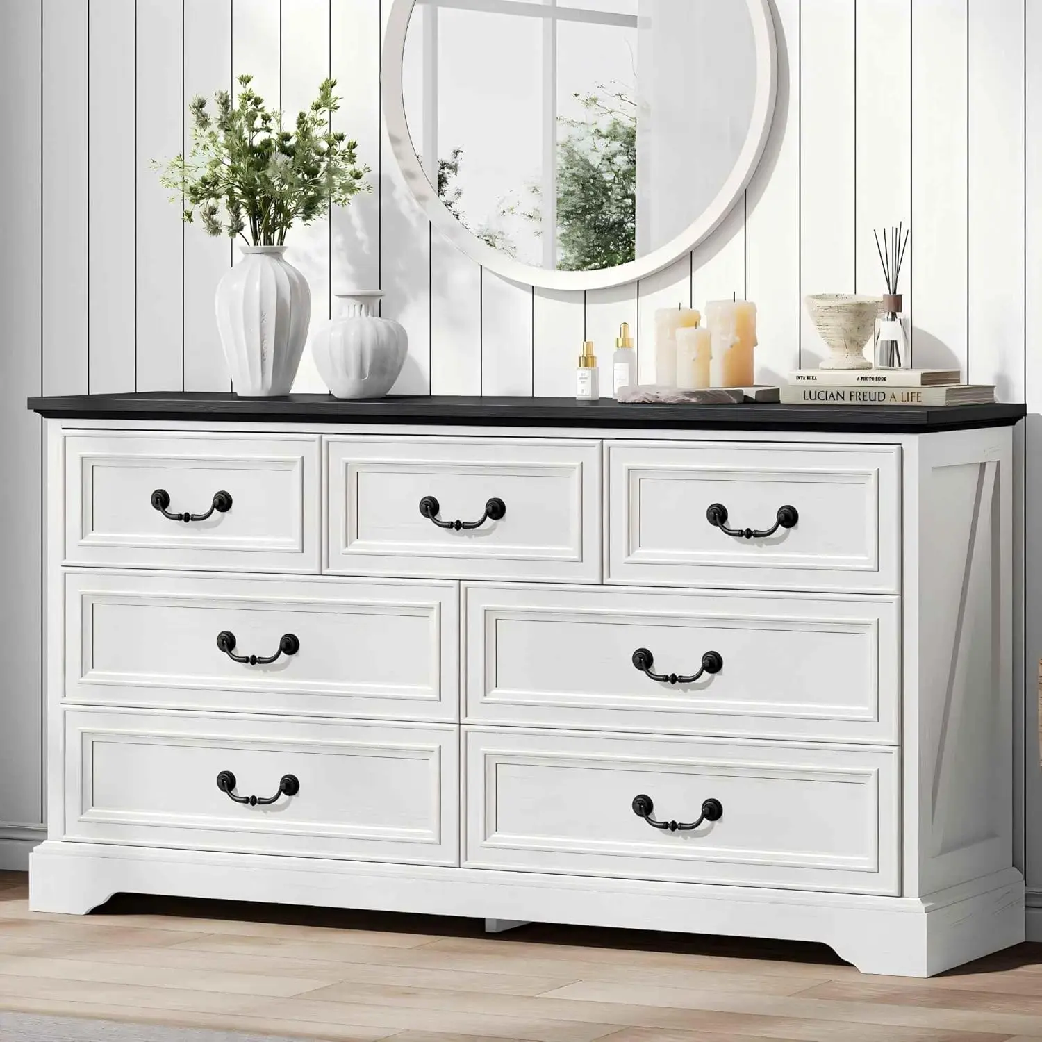 LIKIMIO Farmhouse 7 Drawer Dresser for Bedroom, 59" Wide Dresser Drawers with Storage,Rustic Wooden Chest of Drawers for Bedroom