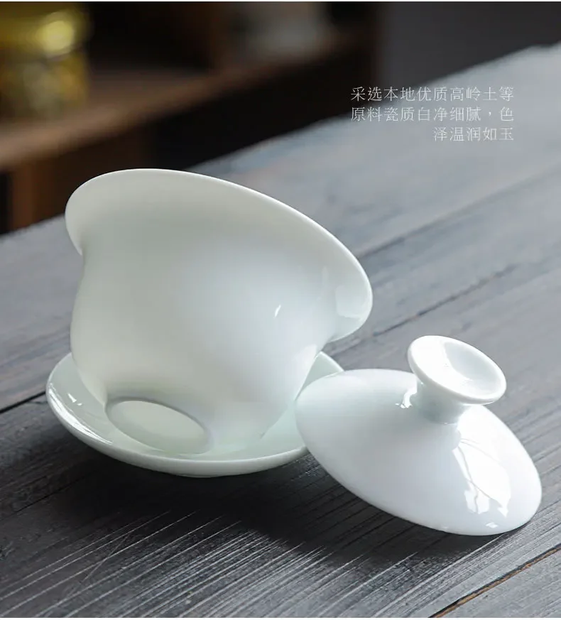 Chinese White Porcelain Kung Fu Tea Set Household Simple Outdoor Portable Travel Ceramic Cover Bowl