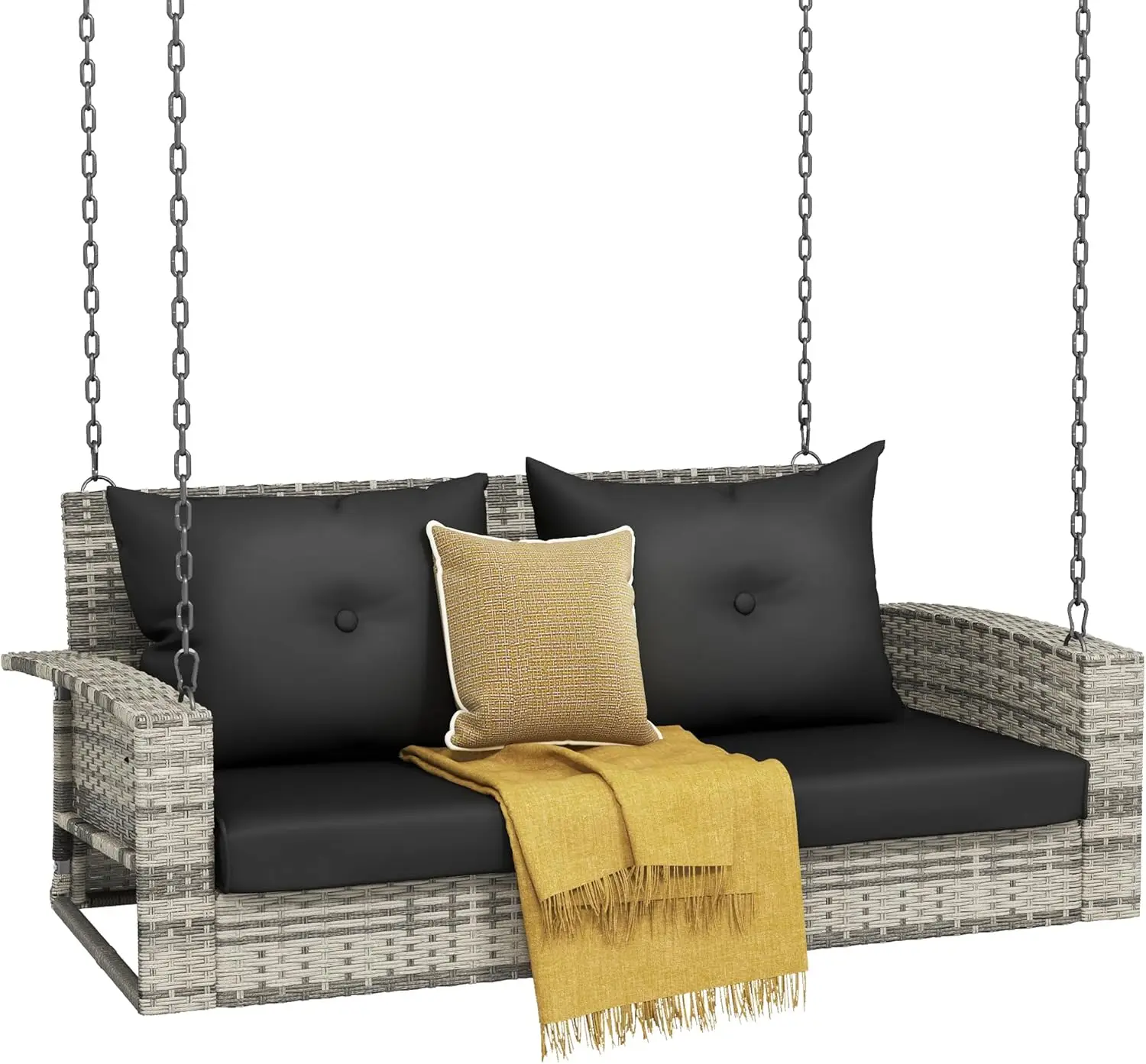 2-Seater Wicker Swing Chair. Outdoor Gray Rattan. 2 Back Cushions. 530lbs Capacity. Garden, Balcony. Gray Rattan. Black Cushion.