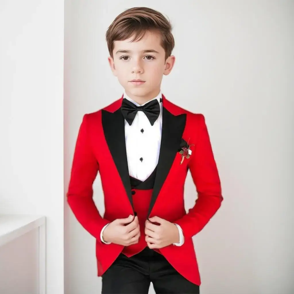 Flower Boys 3 Piece Party Tuxedos Suit Set with Peak Lapel Blazer Vest Pants - Slim Fit Wedding Attire for Kids 2-18 Years Old