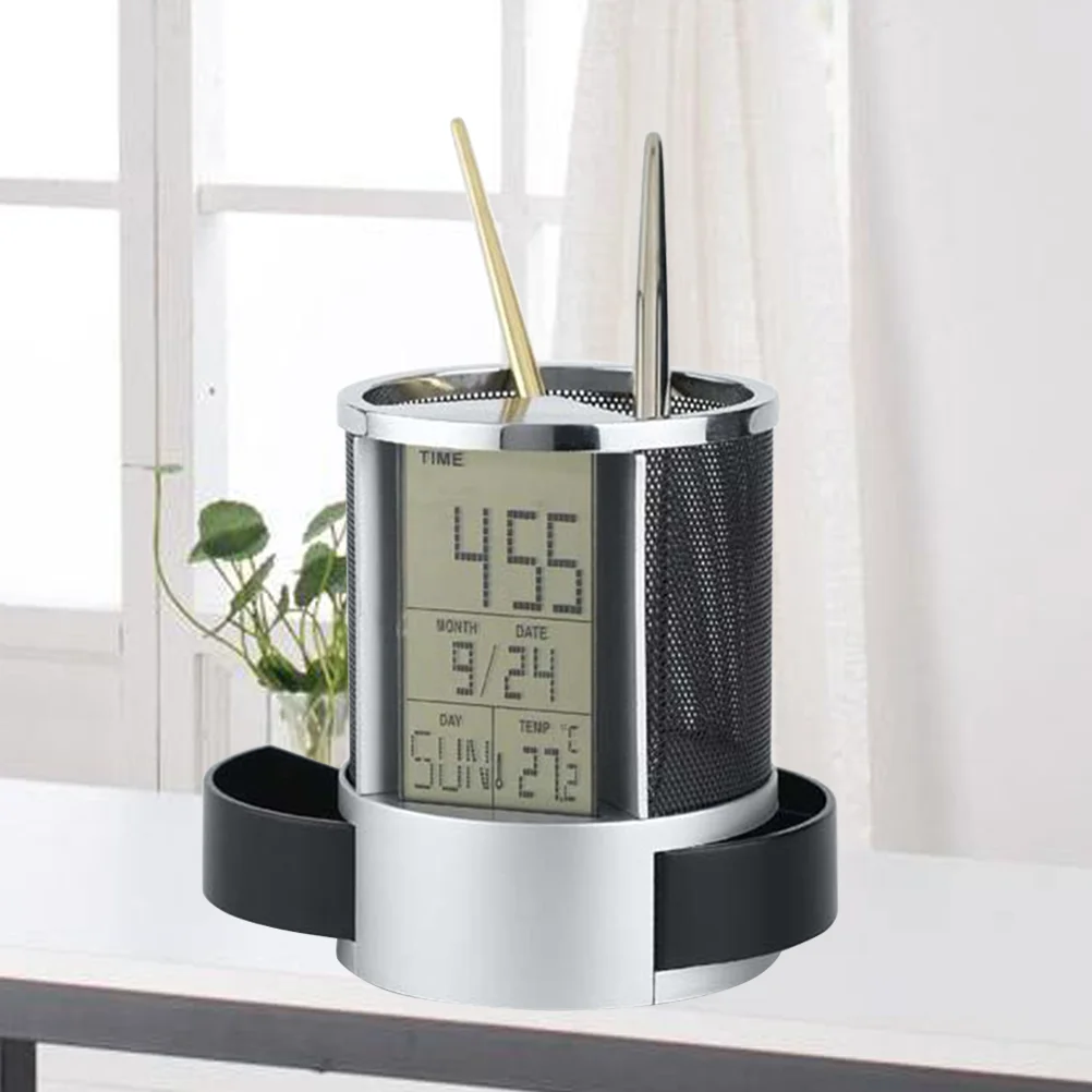

Clock Pen Holder for Desk Time Display Penholder Date Calendar Container Organizer