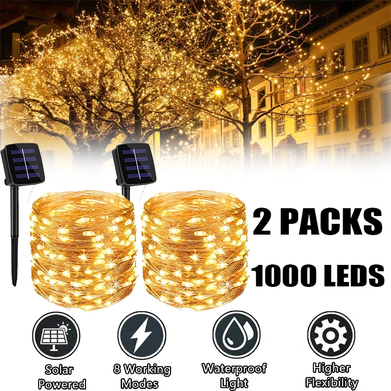 1000 LEDs Outdoor Solar String Light 102m/52M/32m/12m/7m 8 Mode Solar Fairy Holiday Christmas Party Garland Garden Wire Lamp jc light 2w full color animation laser light animation laser dmx and pc control mode for ktv disco bar party etc 2023 news