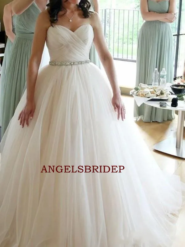 

ANGELSBRIDEP TOP Sweetheart Ball Gown Wedding Dress Pleat Crossed Tulle Sparkly Crystals Court Train Robe De Mariee Plus Size