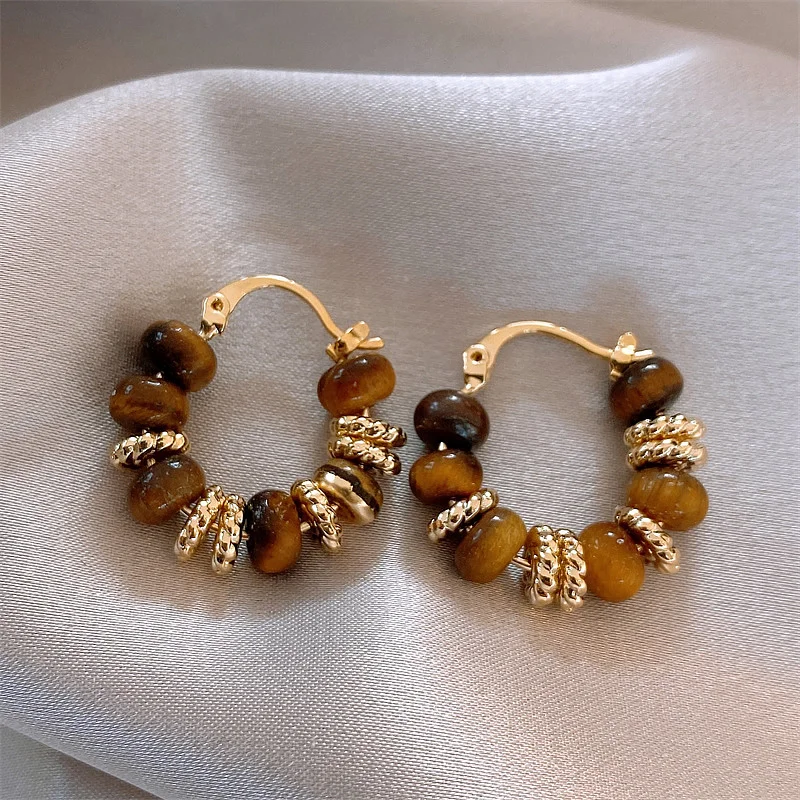 Französisch Vintage Tigerauge Stein Perlen Gold Farbe Creolen Modeschmuck Hochzeits feier elegante Accessoires für Frauen – Detail 9