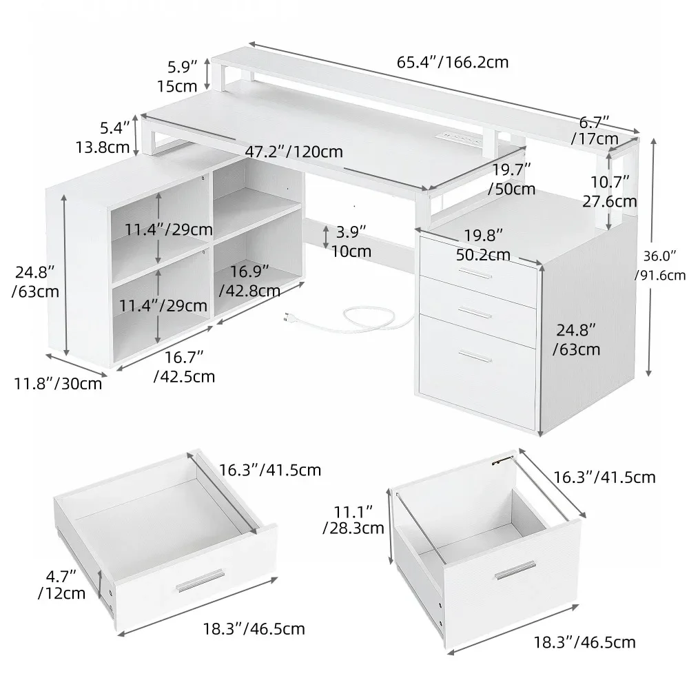 Office Furniture Desk Sets ,65" L Shaped Desk With Power Outlets And Monitor Stand , Computer Desk With LED Light &File Cabinet 5