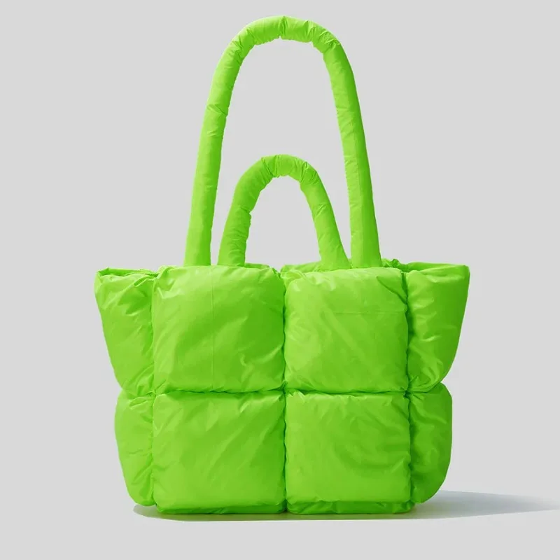 

Fashion Fluorescent Green Padded Women Shoulder Bags Designer Quilted Handbags Luxury Laser Nylon Large Capacity Tote Bag Winter