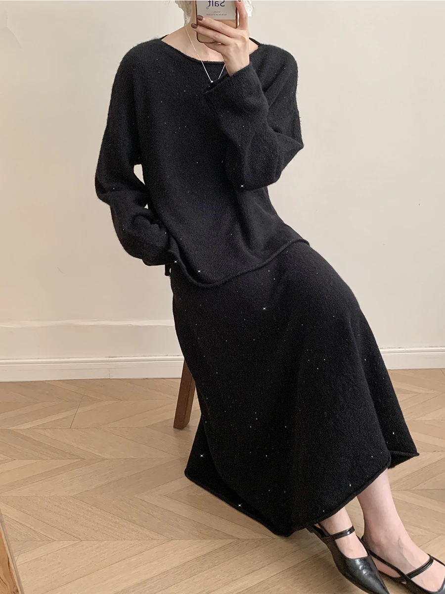 Sexy Soft Elegant Vintage Women Suits 2 Pieces Female Sets Slash Neck Sweater & Midi Dress Bling Knitted TrackSuit