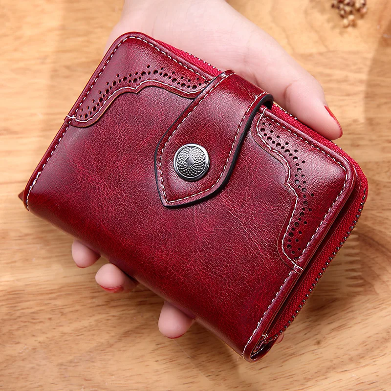 Women Vintage Oil Wax Leather Short Wallet Zipper Small Coin Pouch Two-fold Hasp Mini Purse Card Holder Ladies Fashion Clutch 2