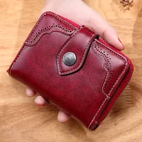 Women Vintage Oil Wax Leather Short Wallet Zipper Small Coin Pouch Two-fold Hasp Mini Purse Card Holder Ladies Fashion Clutch 2