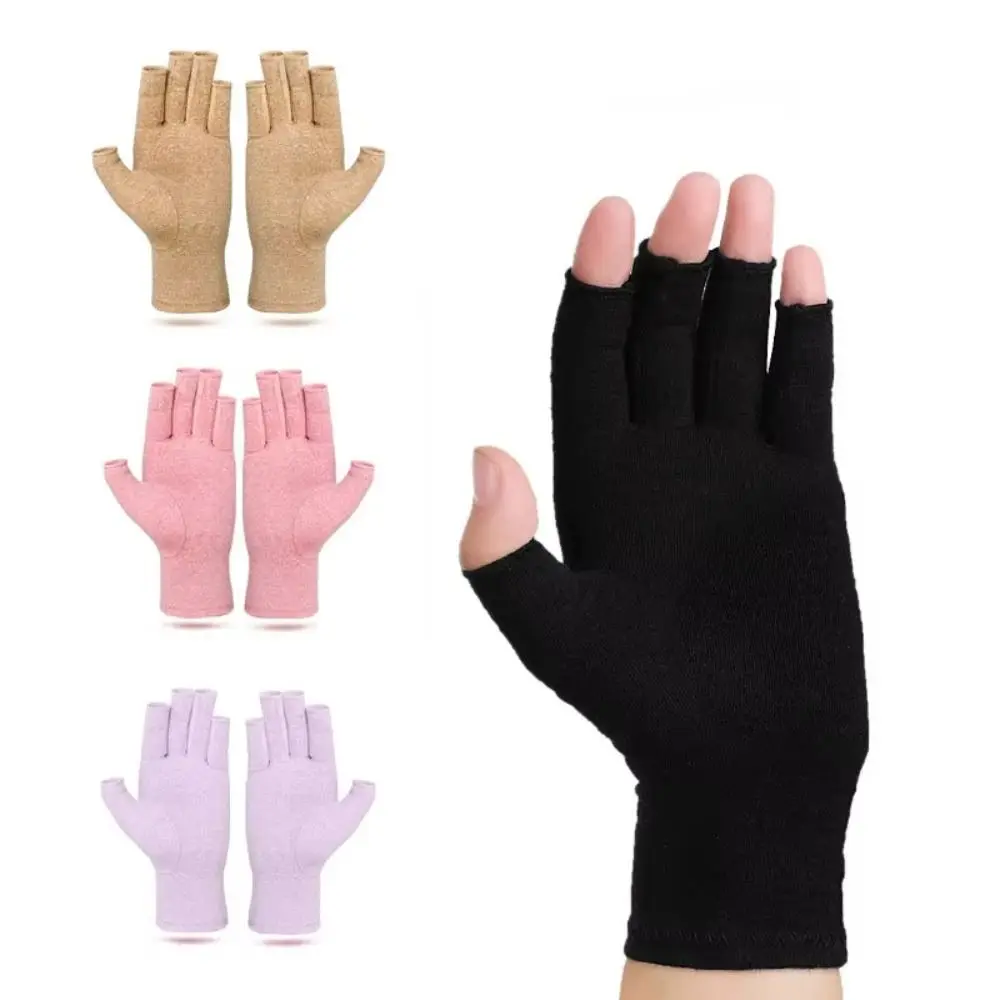 1 Pair New Cotton Polyester Compression Gloves Women Men Half Finger Elastic Wrist Support Black Pink Purple Finger Brace 2