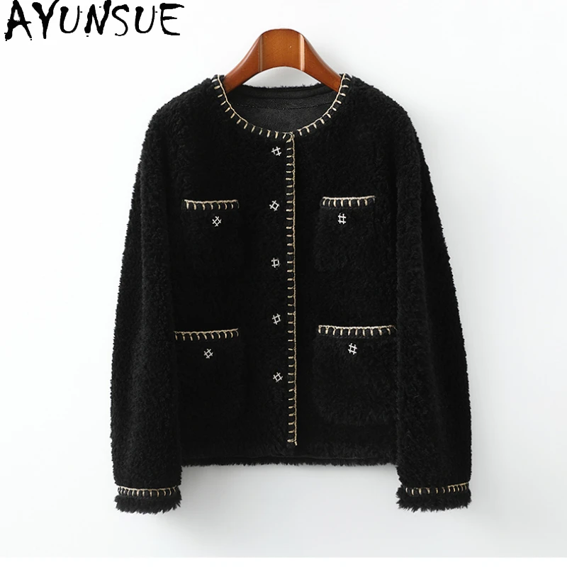 

AYUNSUE 2023 New Fashion 100% Wool Coats for Women Autumn Winter Elegant Sheep Shearing Jacket Short Fur Coat Abrigo Mujer