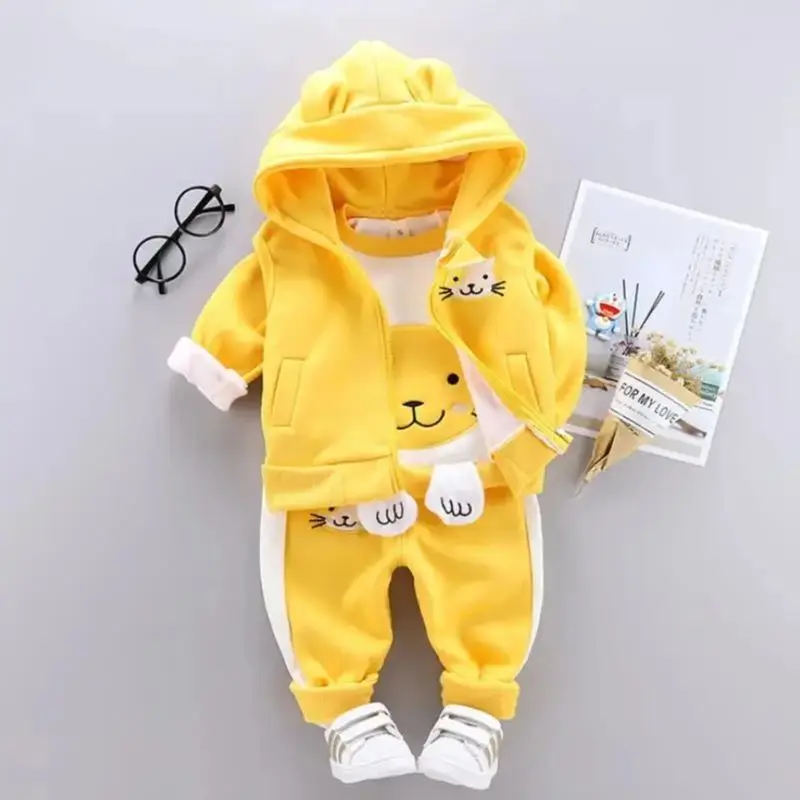 Autumn Winter Girls Boys Cotton Hooded Coats Pants Set 0-4Y