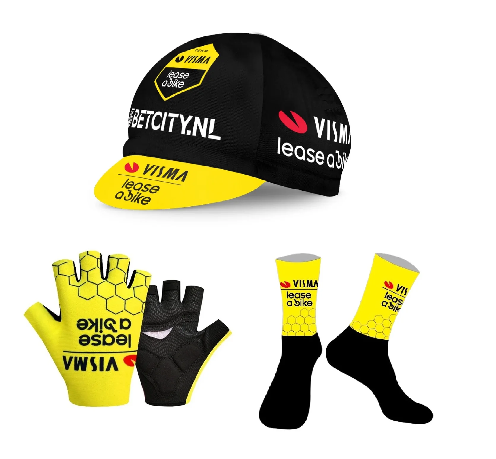 

2024 VISMA LEASE A BIKE Team One Pair Half Finger Cycling Gloves + ONE PAIR CYCLING SOCKS+ Polyester Caps