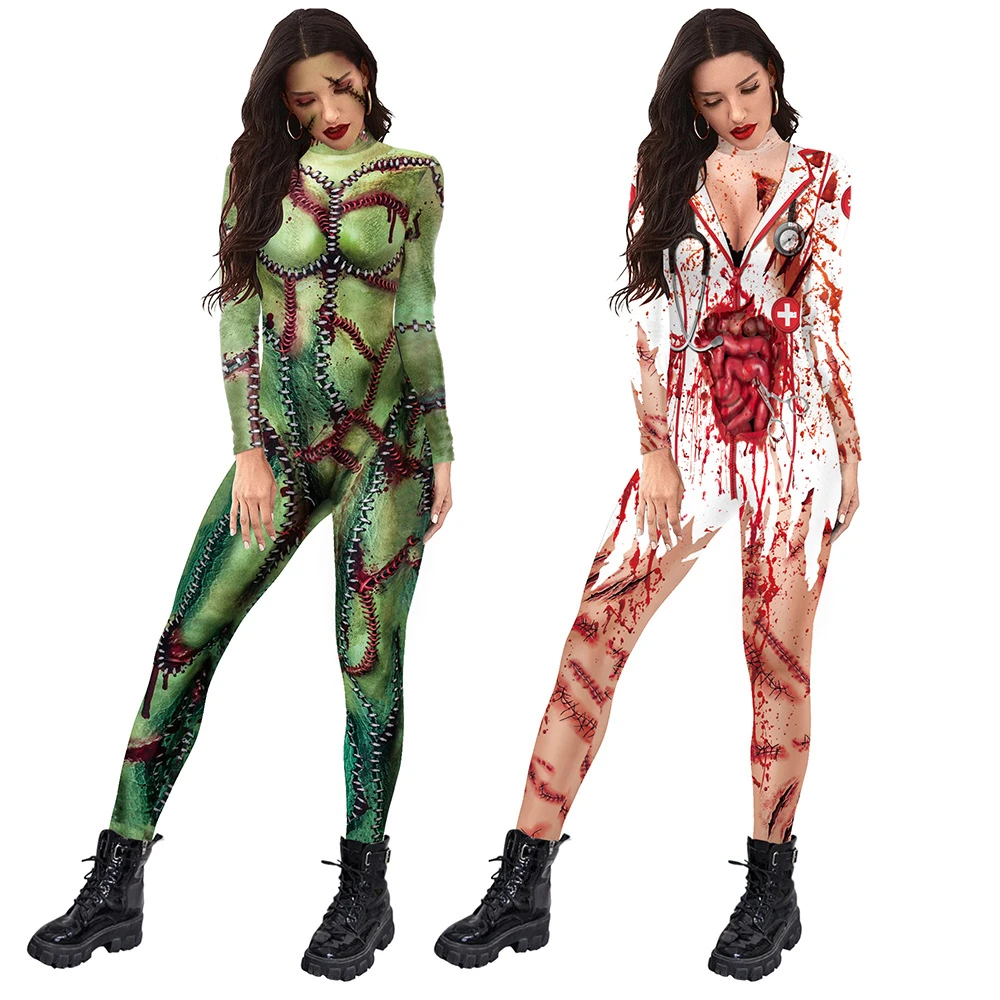 Zombie Terrible Blood Nurse Uniform Cosplay Jumpsuit Unisex Zentai Stocking Party Carnival Masquerade Bodysuit Halloween Outfits