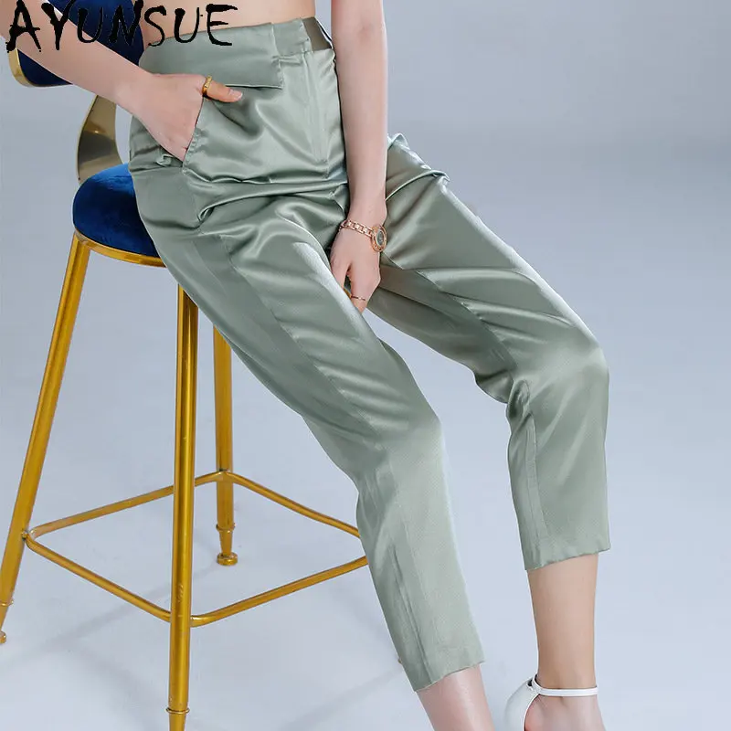 

95% Mulberry Silk Straight Pants 2023 Summer Women Pants High Waist Clothing Female Professional Ankle-length Trousers Pantalon
