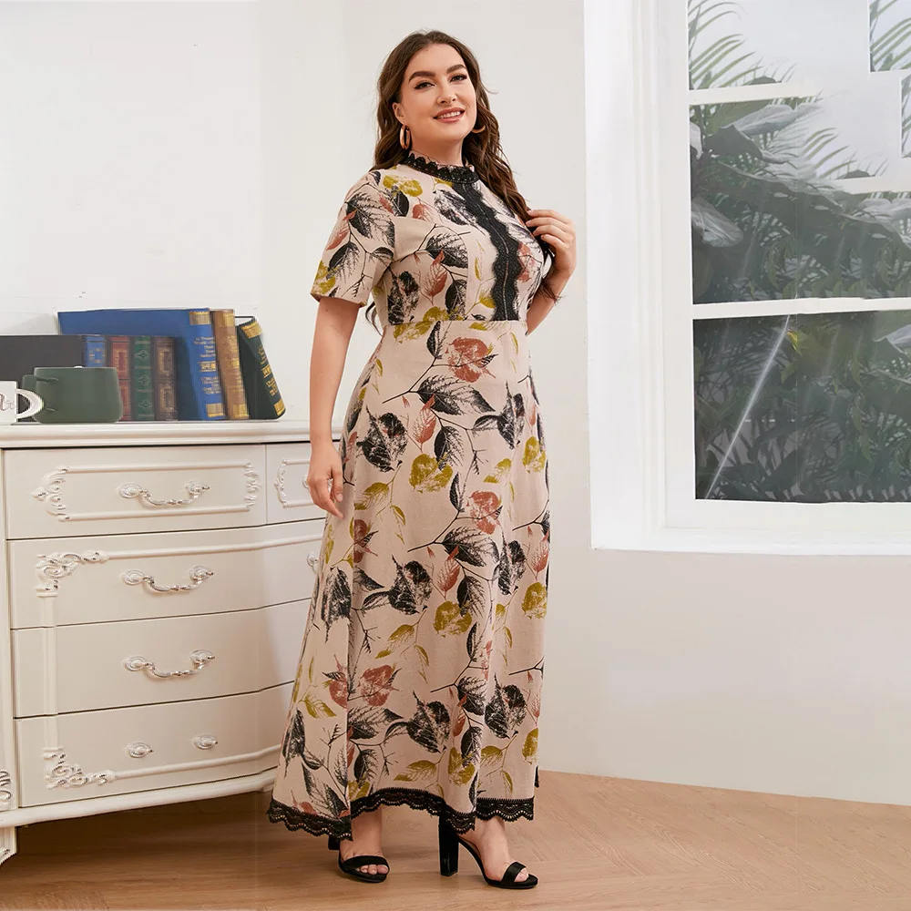 Women Plus Size Long Dresses 2023 New Summer Casual Elegant Short Sleeve Lace Embroidered Printed Formal Evening Party Clothing