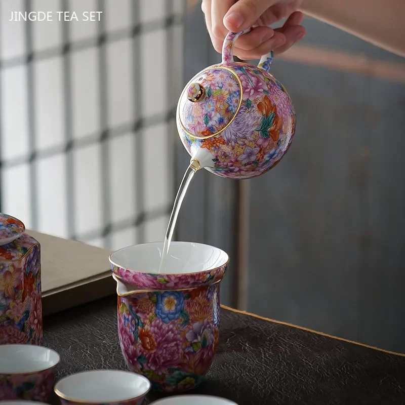 Enamel Color Ceramic Tea Set One Pot and Six Cup Suit Custom Exquisite Teaware Accessories Chinese Beauty Filter Teapot