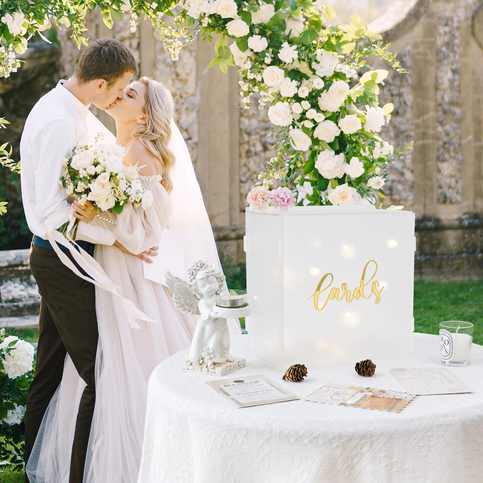 Frosted Acrylic Wedding Card Box with String Light Large Gift Card Box For Wedding Reception Party Graduation wooden gift card boxes wedding place cards