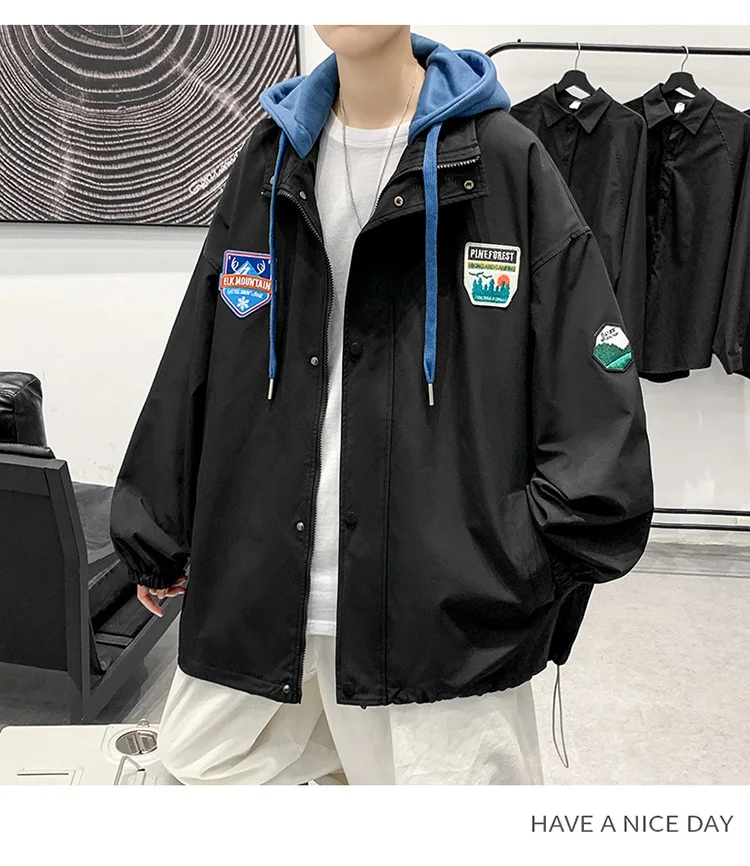 jackets Hip Hop Fake Two-piece Jackets Men Loose Hooded Coat 2022 Spring&Autumn Korean Male College Style All-match Trend Windbreaker winter jackets for men