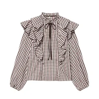 2025 Winter New Women's Casual Fashion Small Check Layered Decoration Shirt Round Neck Long Sleeve Loose Top