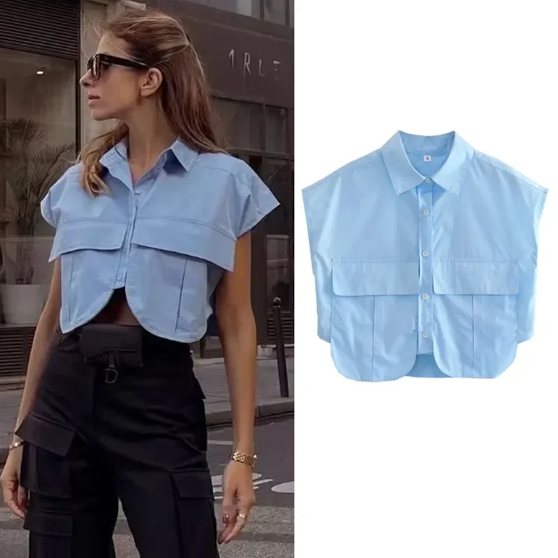 Women Blouse Cropped Shirt Blue White Button Crop Shirt Elegant Short sleeve Crop top Woman Office outfits Shirts Top