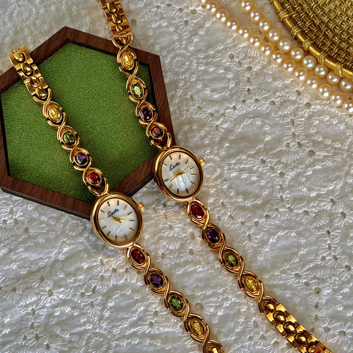 Womens Watch 1pc Women's Watch Embedded Colorful Tourmalines Diamonds Oval Shaped Mother Of Pearl Dial