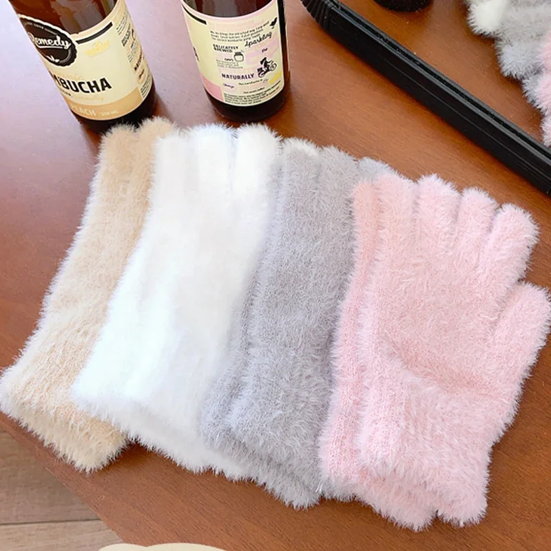 Mink Velvet Gloves Fashion Winter Five Finger Plush Warm Cold-proof Women Outdoors Cycling Solid Color Wistiti Mittens
