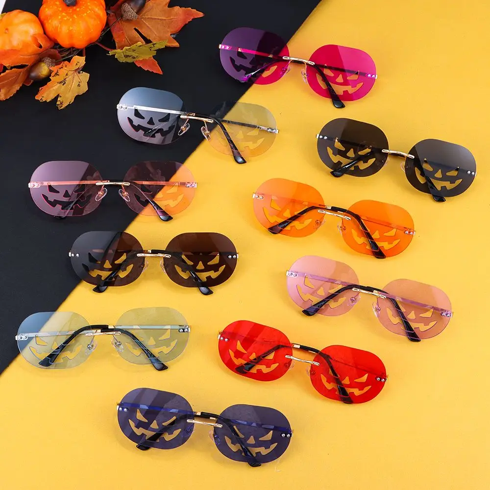 

Fashion Rimless Sunglasses for Women Men Pumpkin Glasses Vintage Oval Cutout Funny Halloween Party Glasses