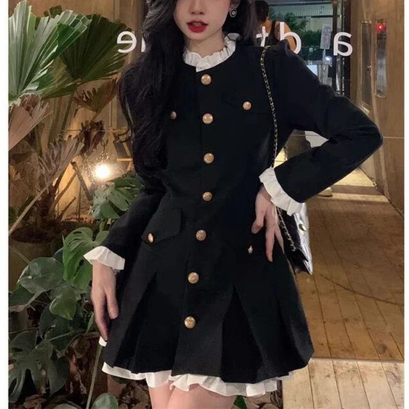 

Women Autumn Korean New Doll Neck Pleated Skirt Fashion Chic Sweet Youth Style Solid Button Ruffle Edge Long Sleeve A-line Skirt